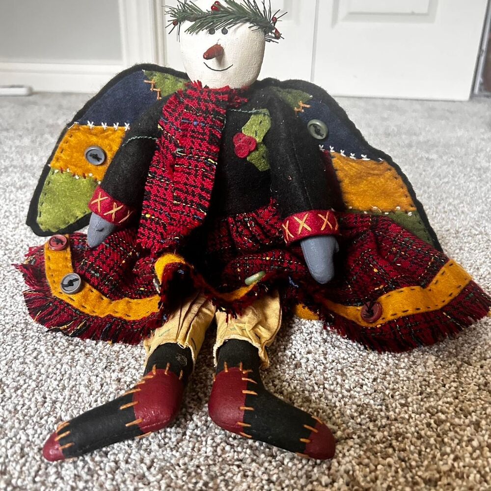 Vintage Primitive Snowman Angel Doll Plaid Patchwork Folk Art Whimsygoth Grunge